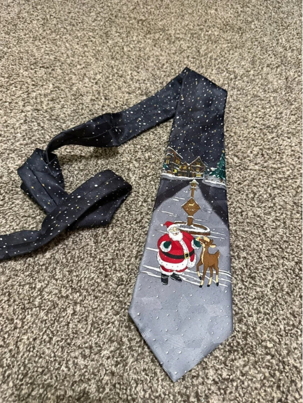 Vintage Rudolph Red Nosed Reindeer Christmas Tie Santa Snow Navy Novelty